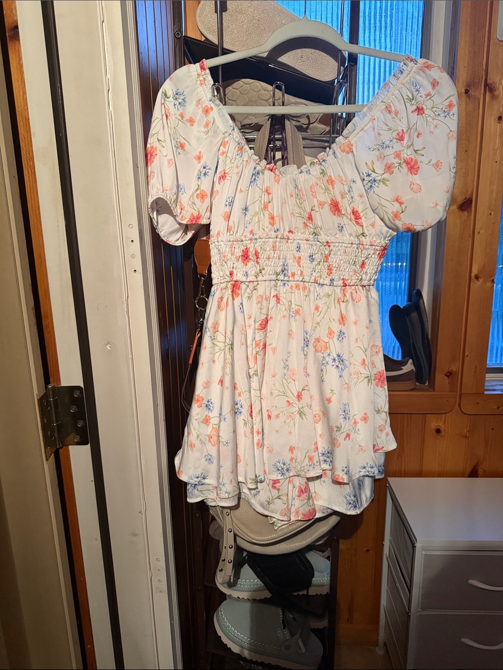 Altar’d State Floral Mini Dress Romper— White with Pink & Blue Flowers
